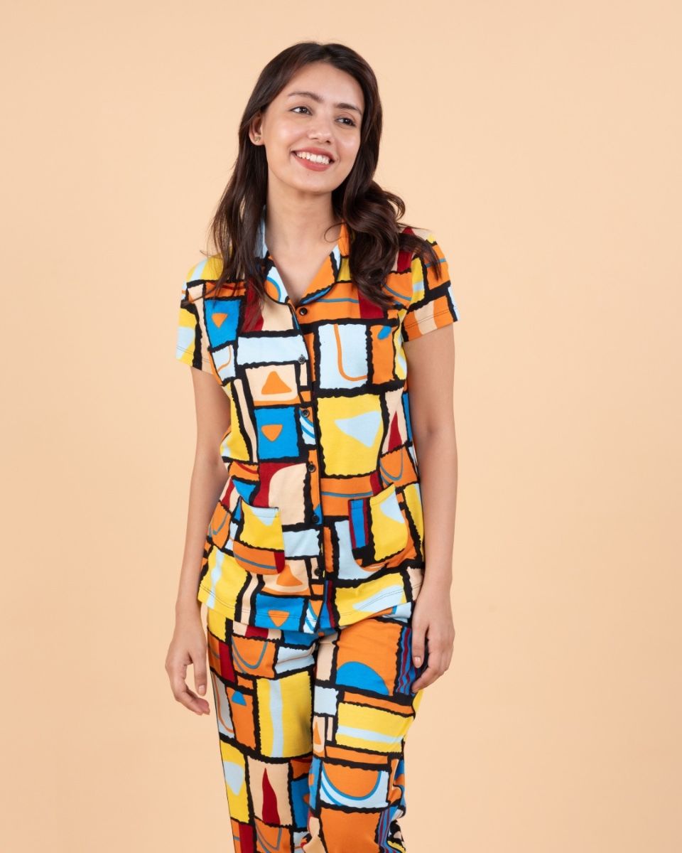 Vibrant Mosaic - Short-Sleeve Cotton Nightwear Set Copy