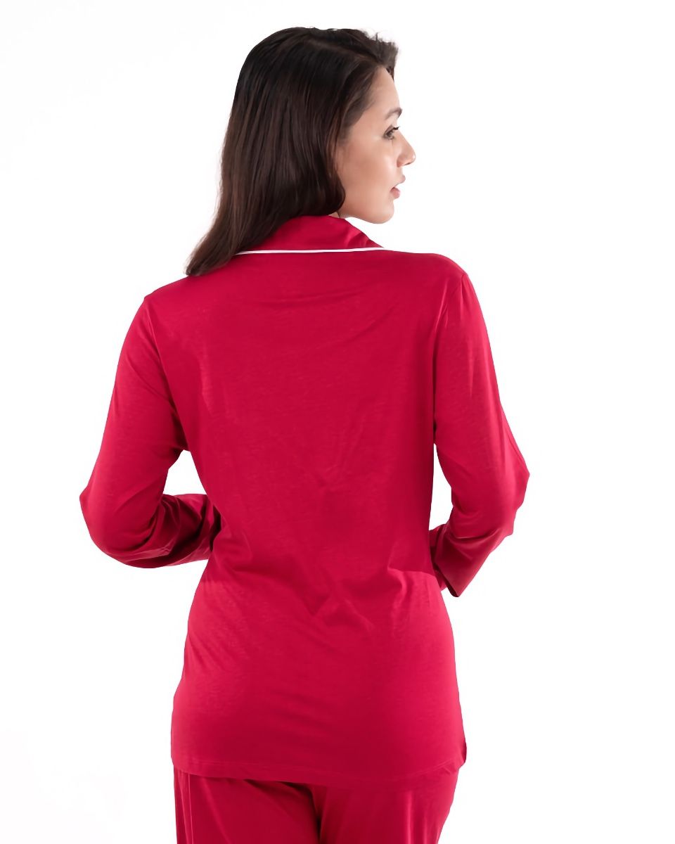 Luxurious Red Cotton Button-Up Nightwear Set – Soft & Stylish