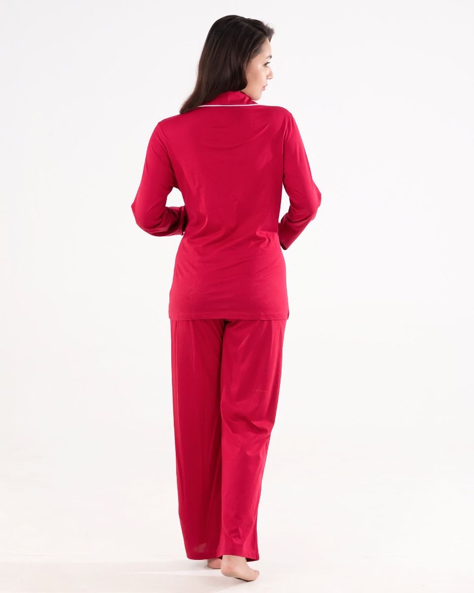 Luxurious Red Cotton Button-Up Nightwear Set – Soft & Stylish